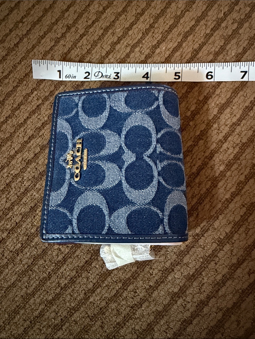 Coach Denim Signature Compact Wallet - Navy Blue with Gold Logo - Picture 2 of 6